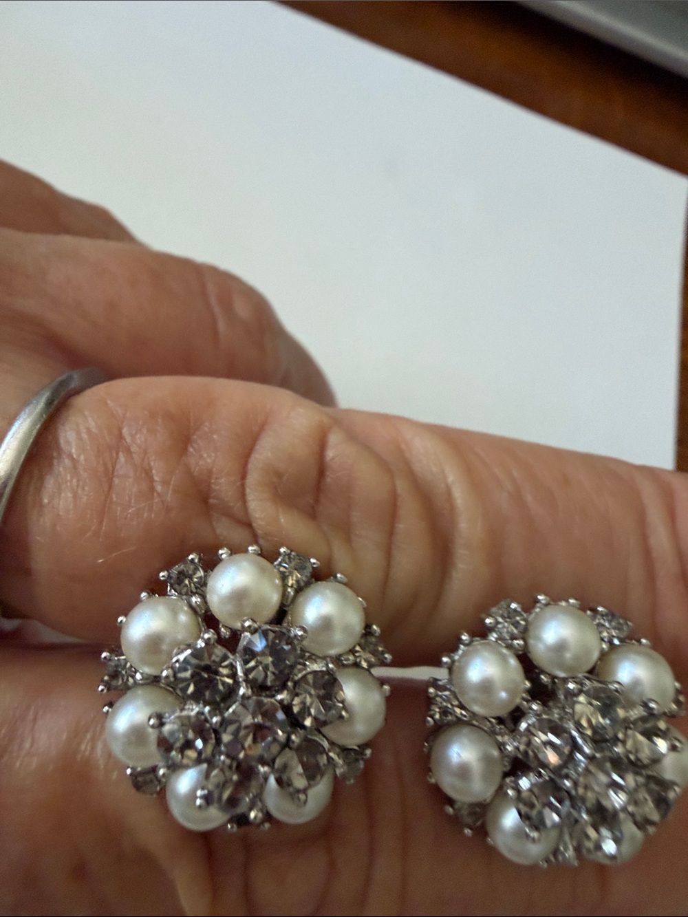 Trifari Pearl and Crystal Floral Cluster Earrings - White/Silver